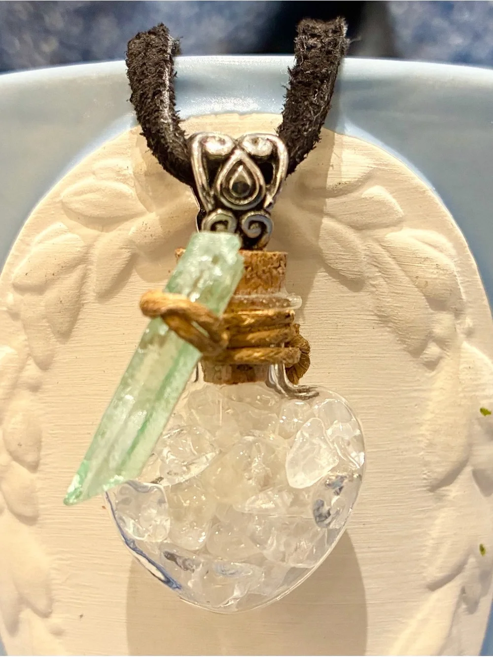 Clear Quartz Crystal Heart Bottle Necklace with Aqua Aura Quartz